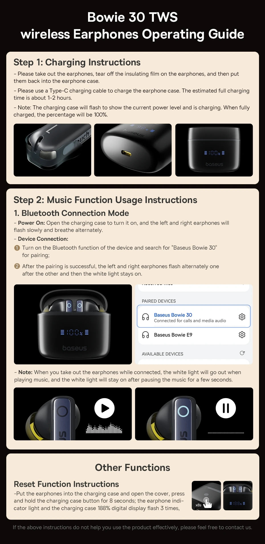 Baseus Bowie 30 Wireless Earphones 50dB Noise Reduction 65Hrs Long Playtime Bluetooth 5.3 Earbuds 6 Mics AI Call Clear Big Bass