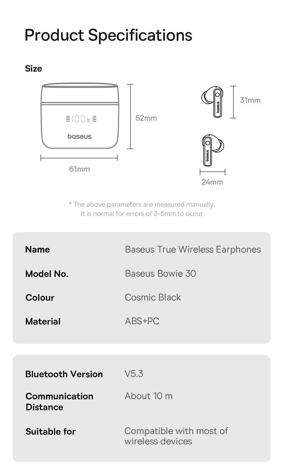 Baseus Bowie 30 Wireless Earphones 50dB Noise Reduction 65Hrs Long Playtime Bluetooth 5.3 Earbuds 6 Mics AI Call Clear Big Bass